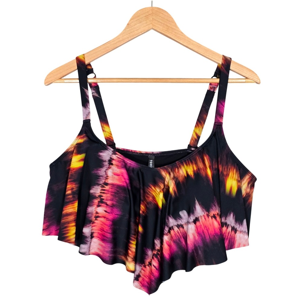 Torrid Women's Black & Pink Tie Dye Flounce Bikini Top 1 Plus Size 14-16